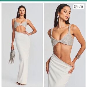 retrofete Fernanda Embellished Asymmetric Maxi Dress White/Silver Womens Size Sm